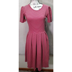 LuLaRoe Amelia Dress Women Small Cranberry Stripe Round Neck Tiered Hem Back Zip